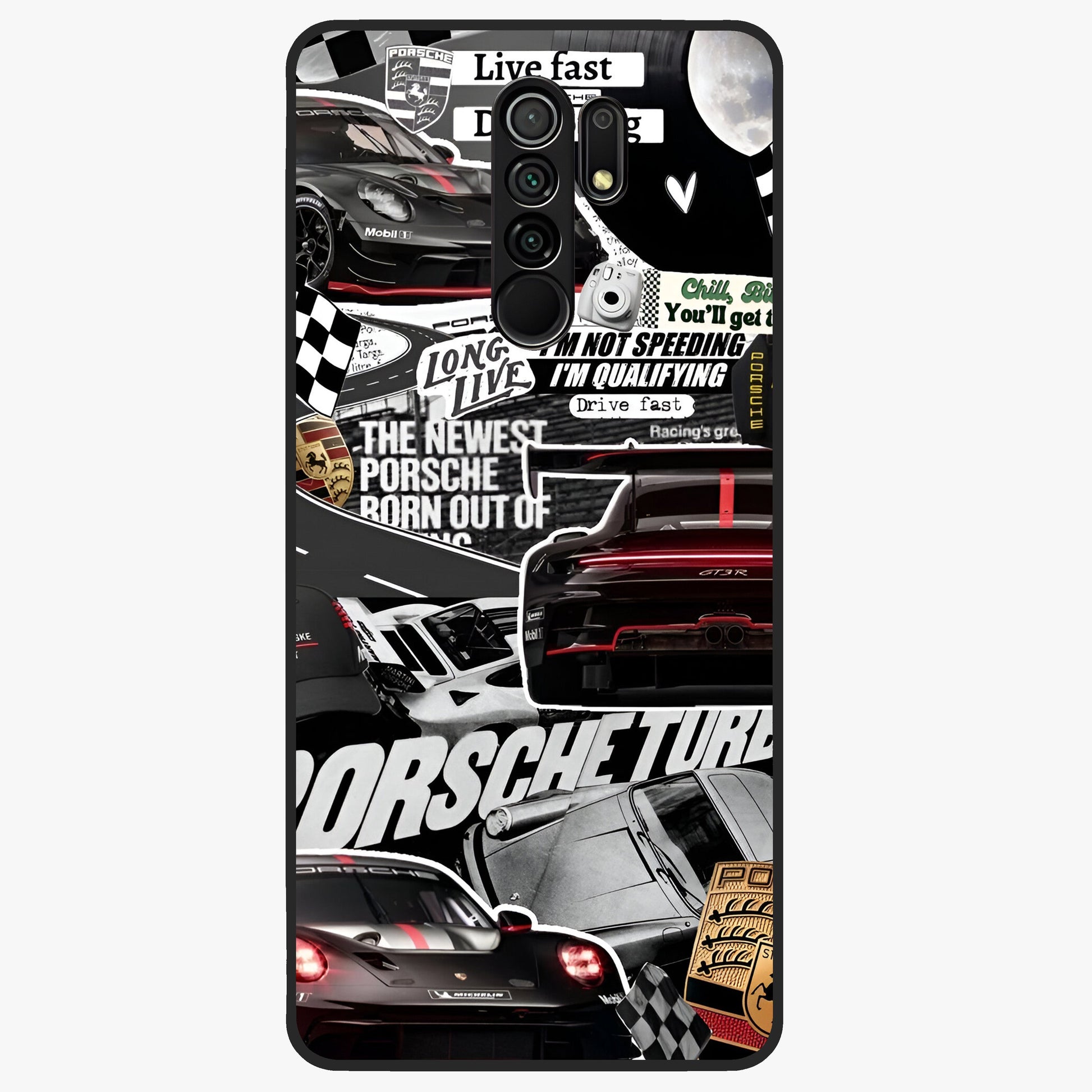 Porsche Racing Collage Glass Case showing flat back view with sports car racing collage artwork and glossy glass finish.