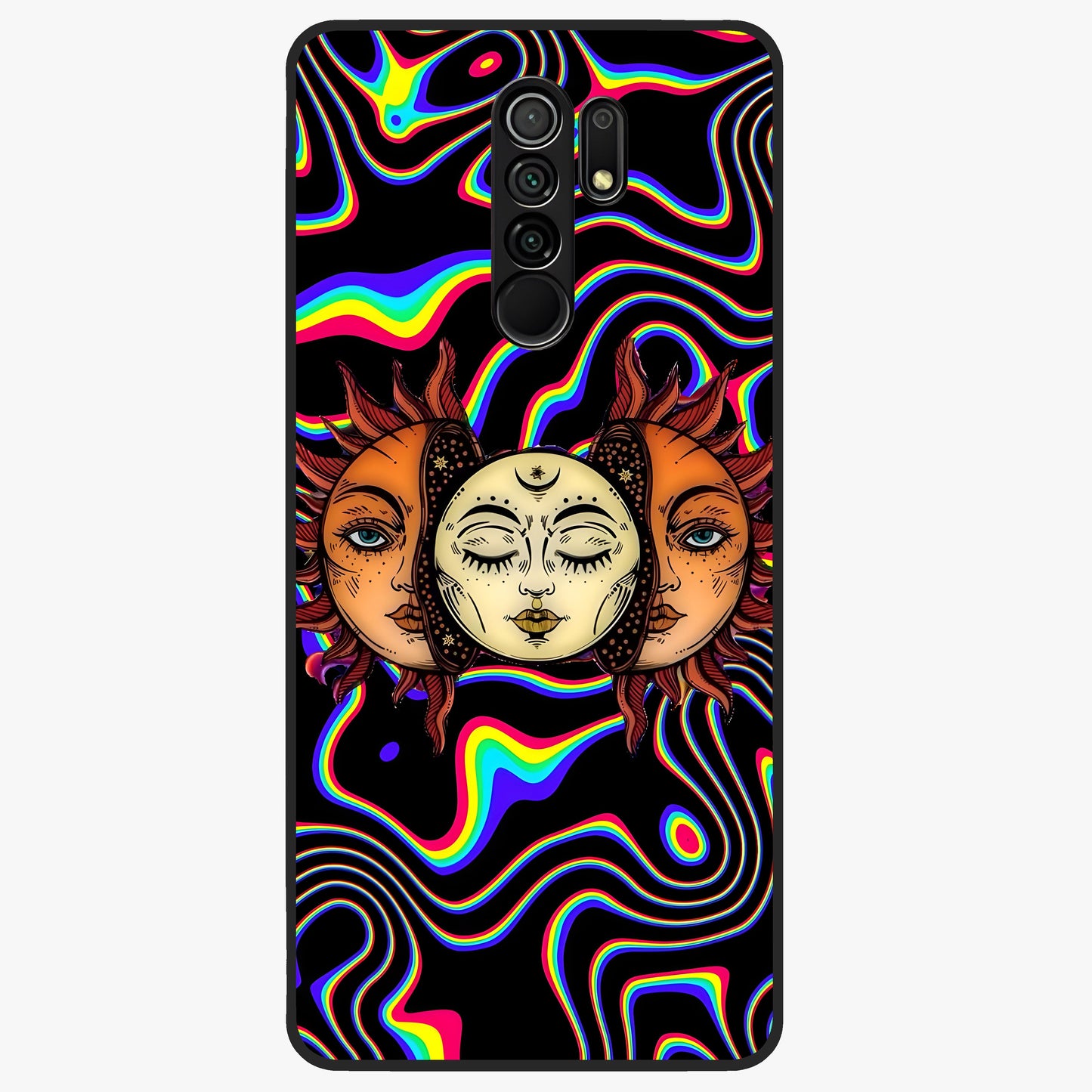 Psychedelic Sun Glass Case showing flat back view with colorful psychedelic sun artwork and glossy glass finish.