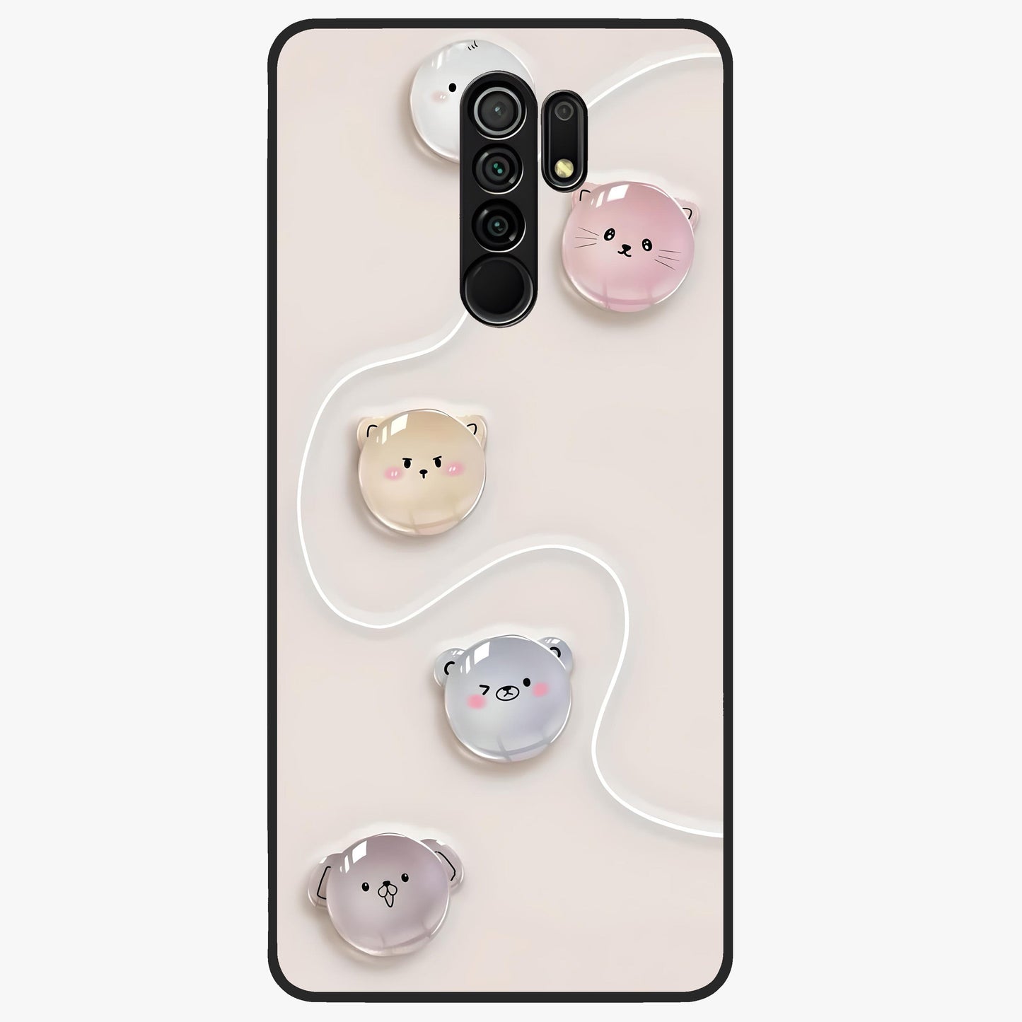 Puffy Face Parade Glass Case showing flat back view with cute puffy character faces artwork and glossy glass finish.