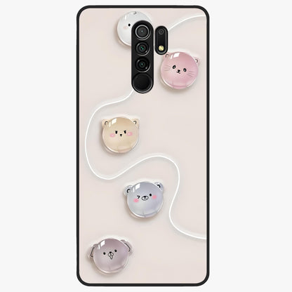 Puffy Face Parade Glass Case showing flat back view with cute puffy character faces artwork and glossy glass finish.