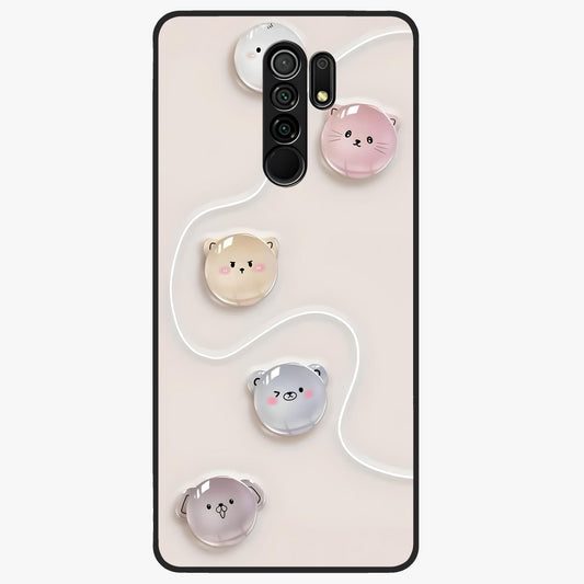 Puffy Face Parade Glass Case showing flat back view with cute puffy character faces artwork and glossy glass finish.