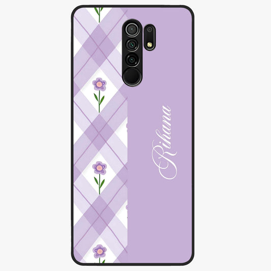 Purple Diamond Floral Glass Case showing flat back view with diamond shaped floral artwork and glossy glass finish.