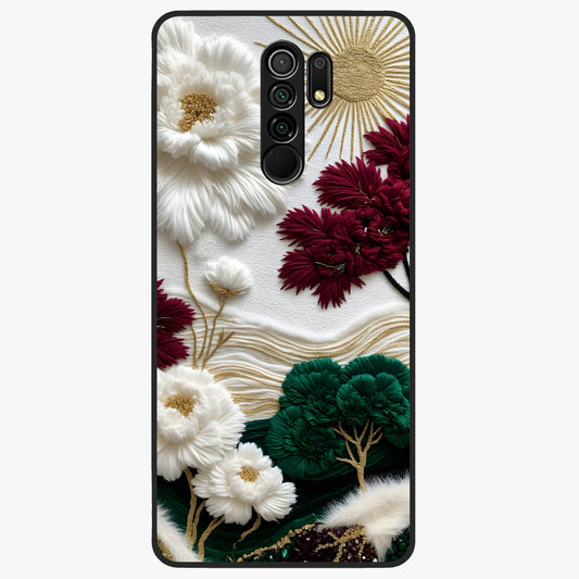 Radiant Bloom Elegance Glass Case showing flat back view with elegant blooming flower artwork and glossy glass finish.