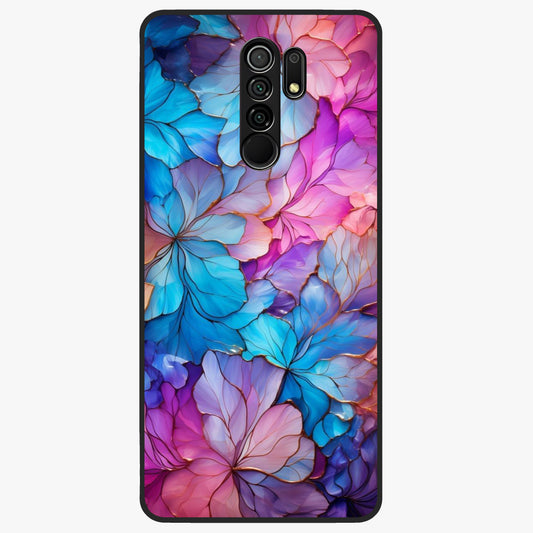 Radiant Floral Whirl Glass Case showing flat back view with swirling floral artwork and glossy glass finish.