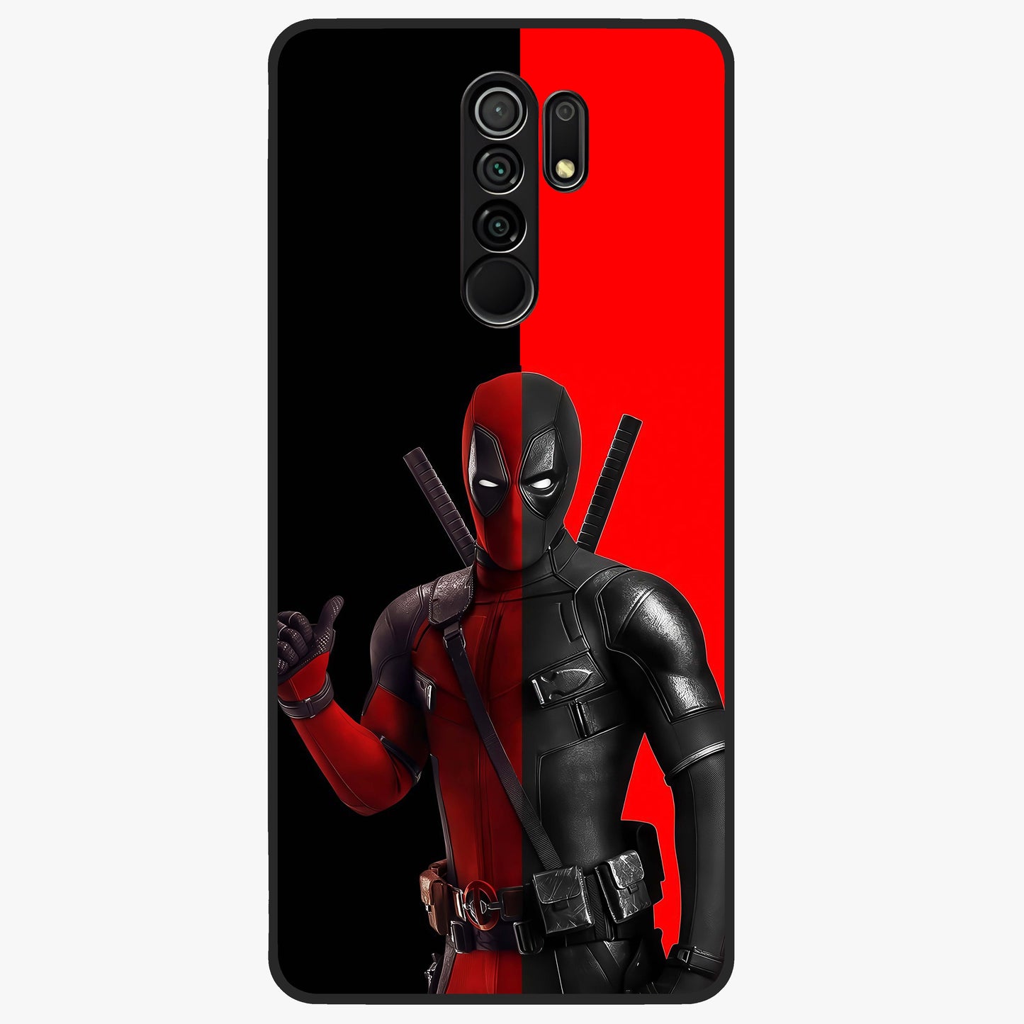 Red & Black Deadpool Theme Glass Case showing flat back view with bold comic inspired artwork and glossy glass finish.