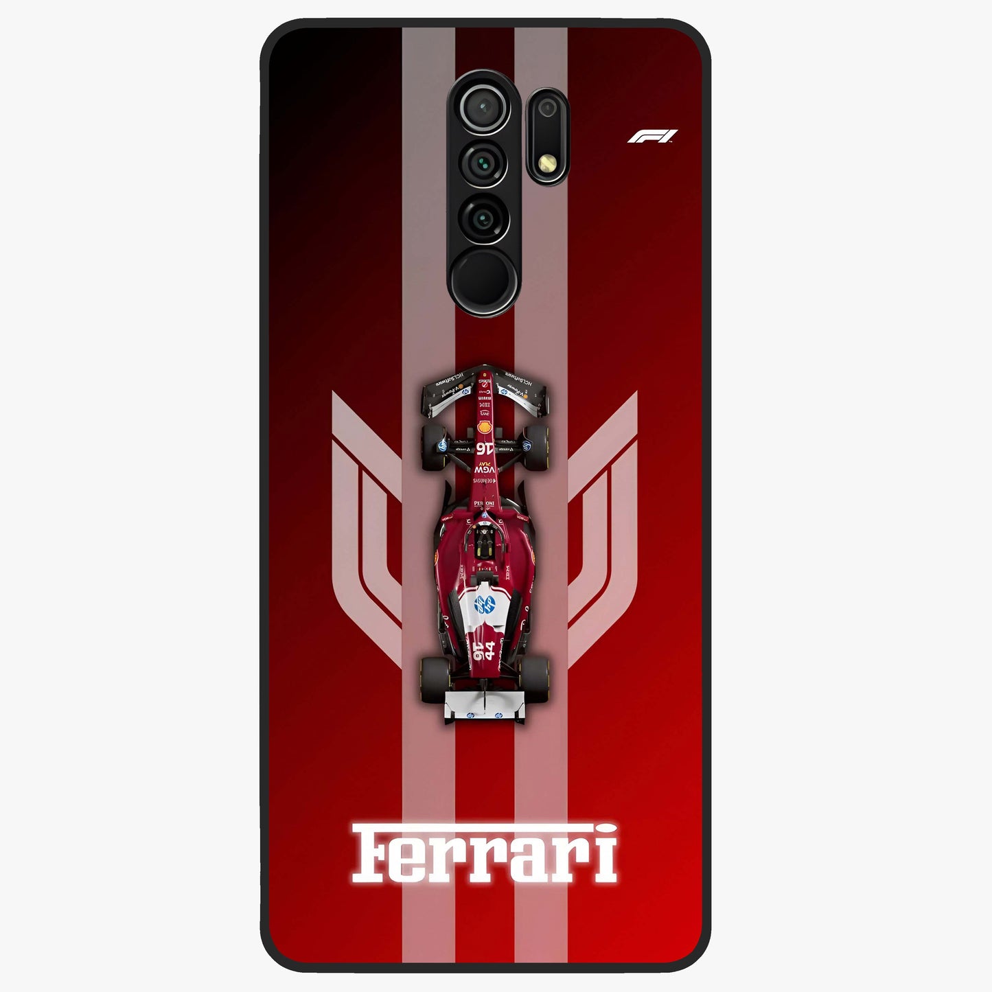 Red Ferrari F1 Vertical Glass Case showing flat back view with sleek Formula racing car artwork and glossy glass finish.