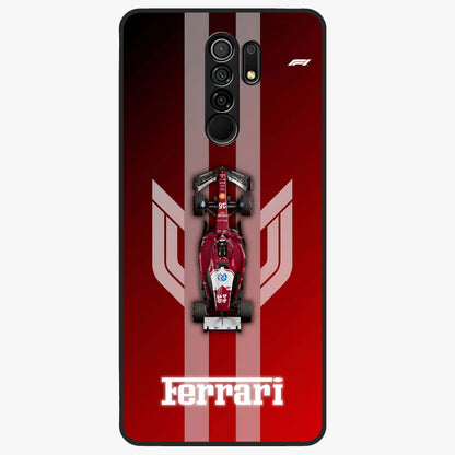 Red Ferrari F1 Vertical Glass Case showing flat back view with sleek Formula racing car artwork and glossy glass finish.