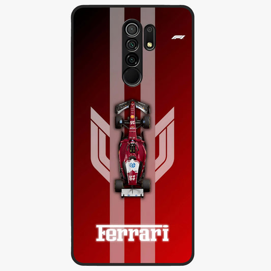 Red Ferrari F1 Vertical Glass Case showing flat back view with sleek Formula racing car artwork and glossy glass finish.