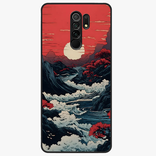 Red Sunset Scenery Glass Case showing flat back view with vibrant sunset landscape artwork and glossy glass finish.