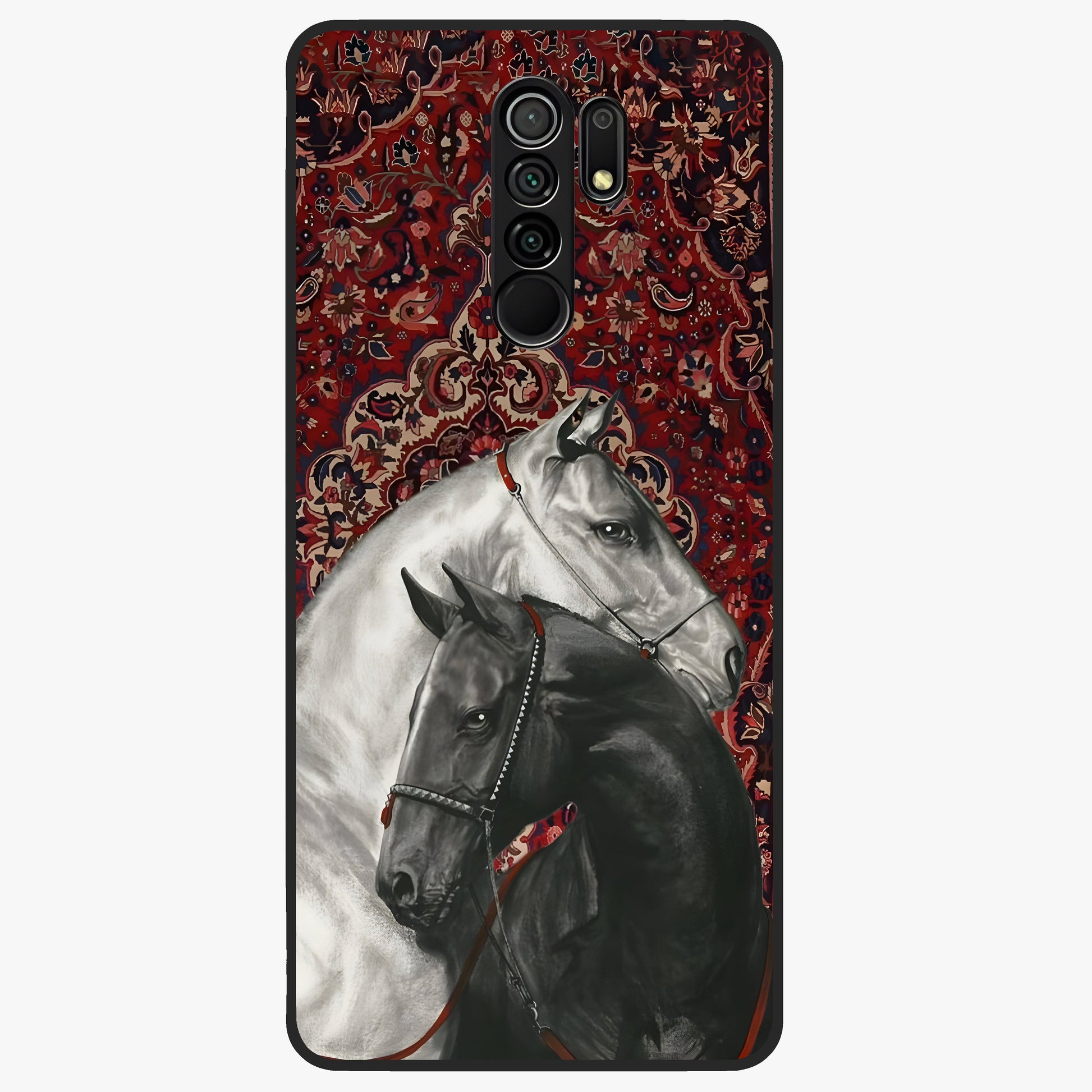 Regal Stallion Tapestry Glass Case showing flat back view with majestic horse tapestry artwork and glossy glass finish.