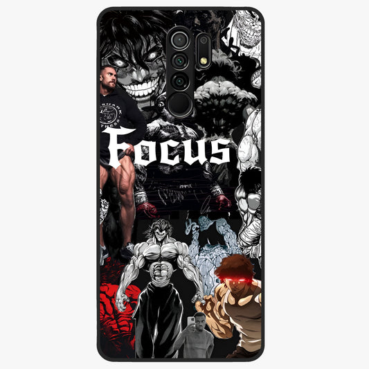 Relentless Power Focus Glass Case showing flat back view with motivational typography artwork and glossy glass finish.
