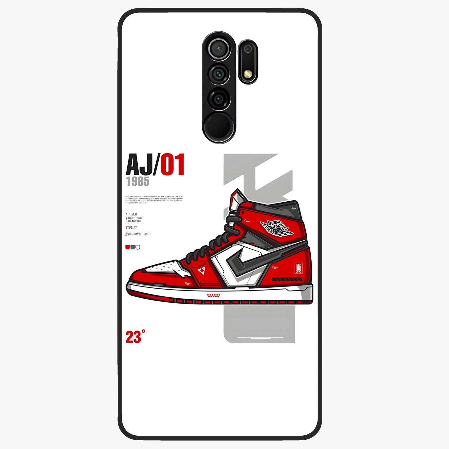 Retro Sneaker Blueprint Glass Case showing flat back view with sneaker blueprint style artwork and glossy glass finish.