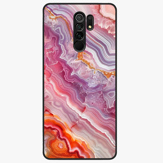 Rose Quartz Marble Glass Case showing flat back view with pink marble quartz texture artwork and glossy glass finish.
