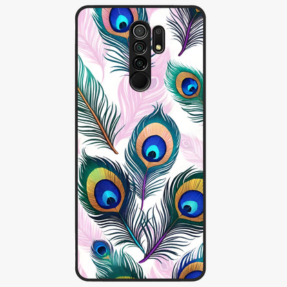 Royal Peacock Feathers Glass Case showing flat back view with colorful peacock feather artwork and glossy glass finish.