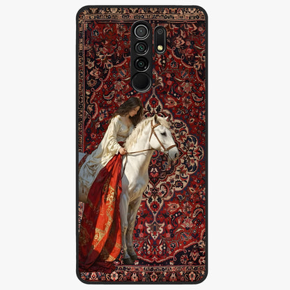 Royal Rider Tapestry Glass Case showing flat back view with majestic horse rider tapestry artwork and glossy glass finish.