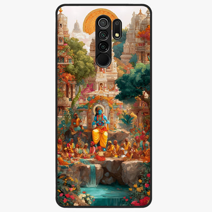 Sacred Sunlight Gods Glass Case showing flat back view with divine sunlight themed artwork and glossy glass finish.