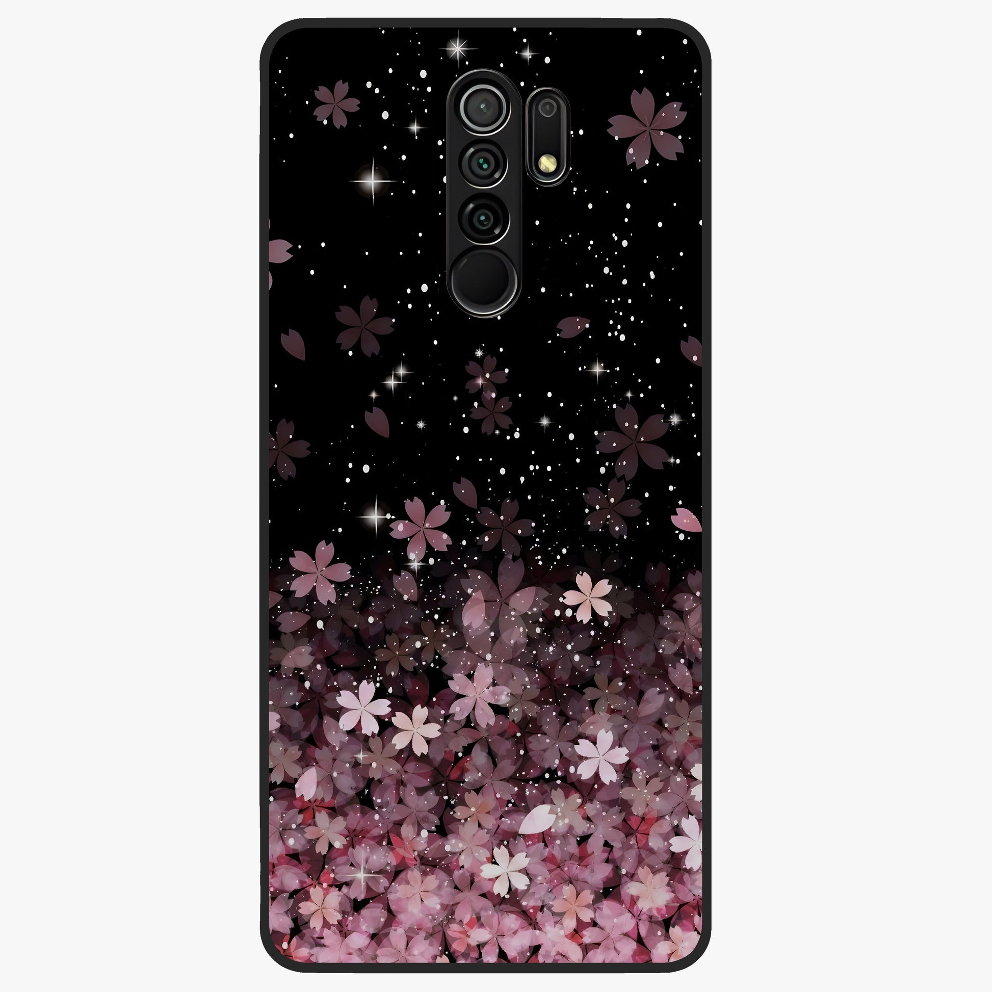 Small Starry Flowers Glass Case showing flat back view with delicate starry floral artwork and glossy glass finish.