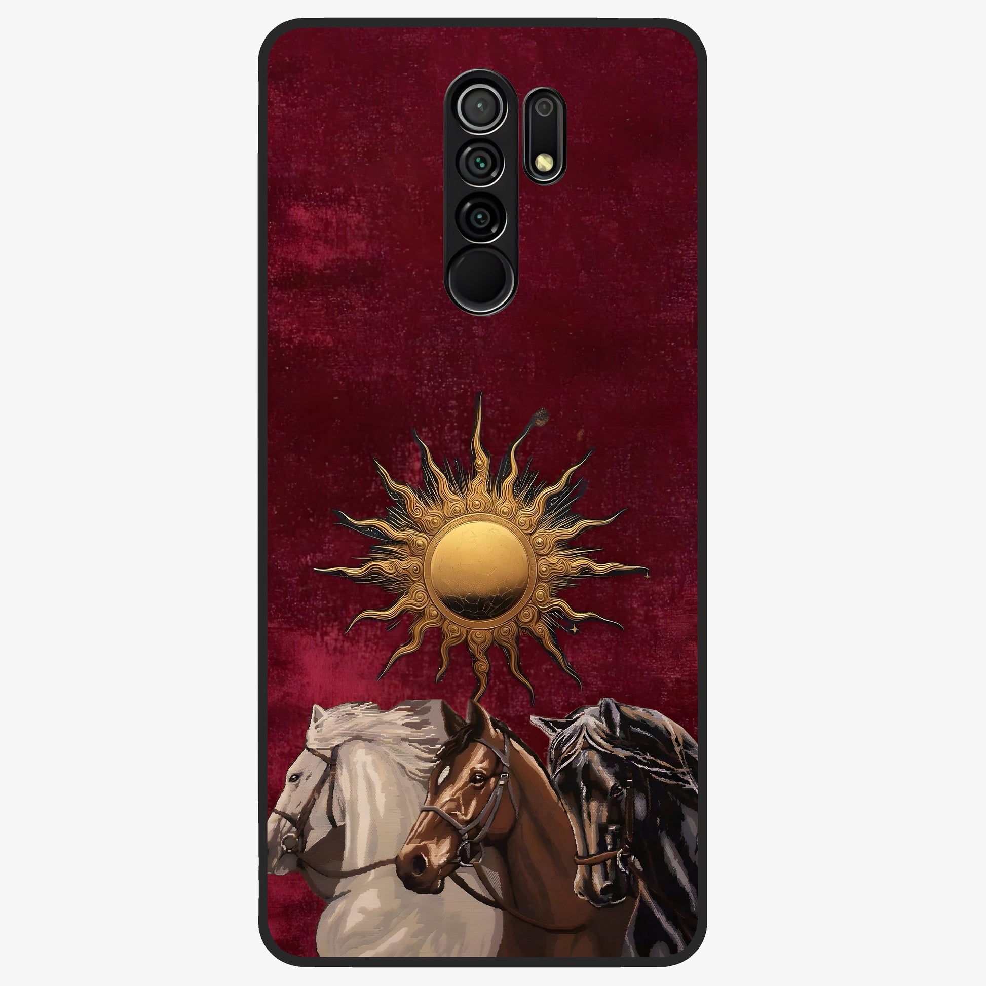 Solar Riders Glass Case showing flat back view with dynamic rider themed artwork and glossy glass finish.
