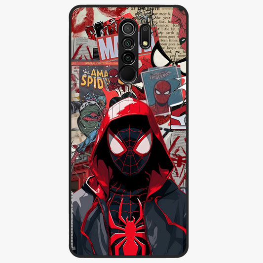 Spider Collage Street Glass Case showing flat back view with vibrant superhero collage artwork and glossy glass finish.