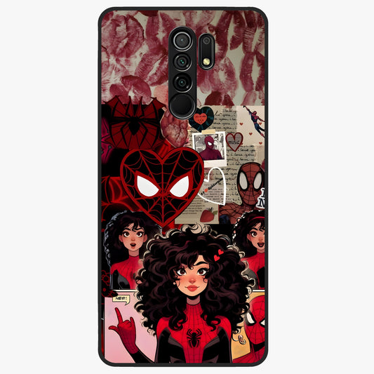 Spider Love Story Glass Case showing flat back view with romantic superhero themed artwork and glossy glass finish.