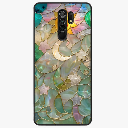 Stained Sunrise Glow Glass Case showing flat back view with glowing sunrise stained pattern artwork and glossy glass finish.