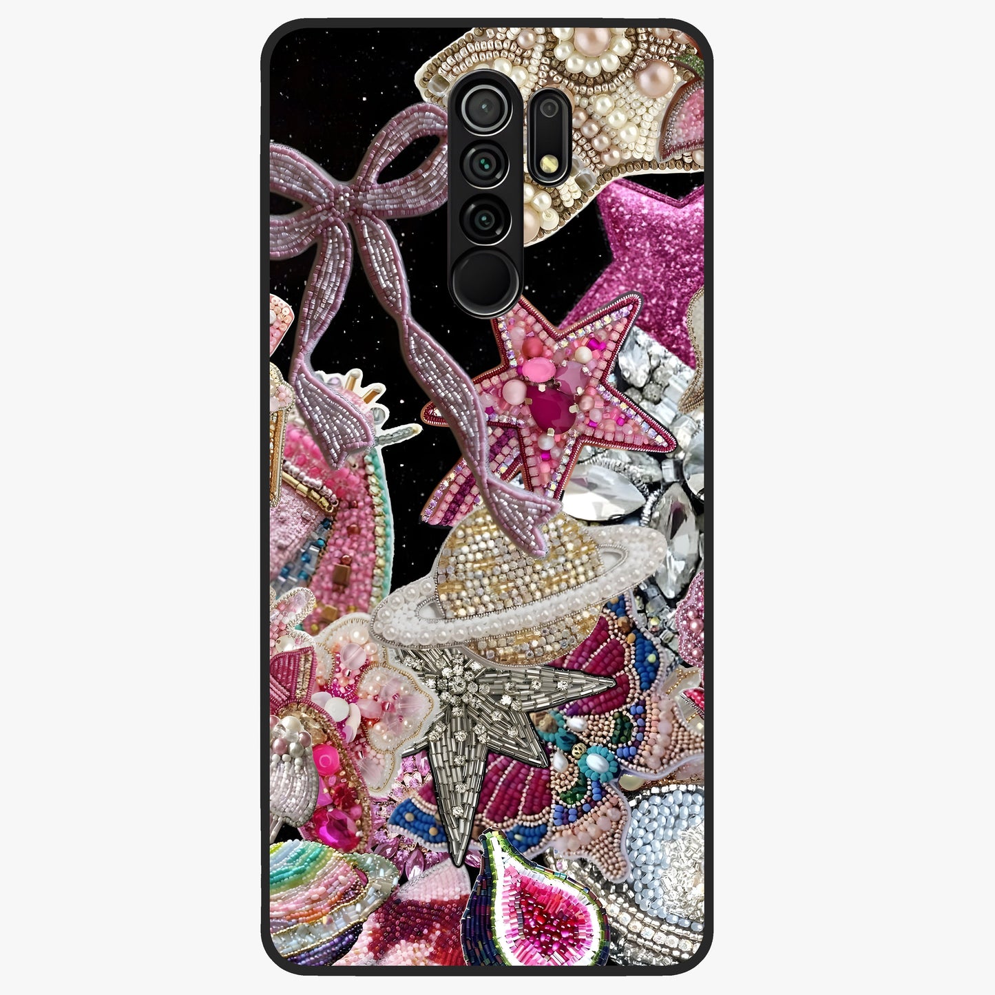 Starlit Jewel Dream Glass Case showing flat back view with sparkling jewel and star themed artwork and glossy glass finish.