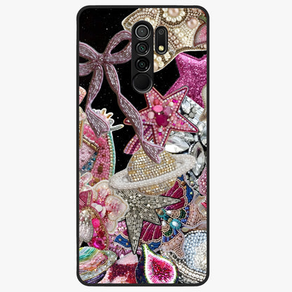 Starlit Jewel Dream Glass Case showing flat back view with sparkling jewel and star themed artwork and glossy glass finish.