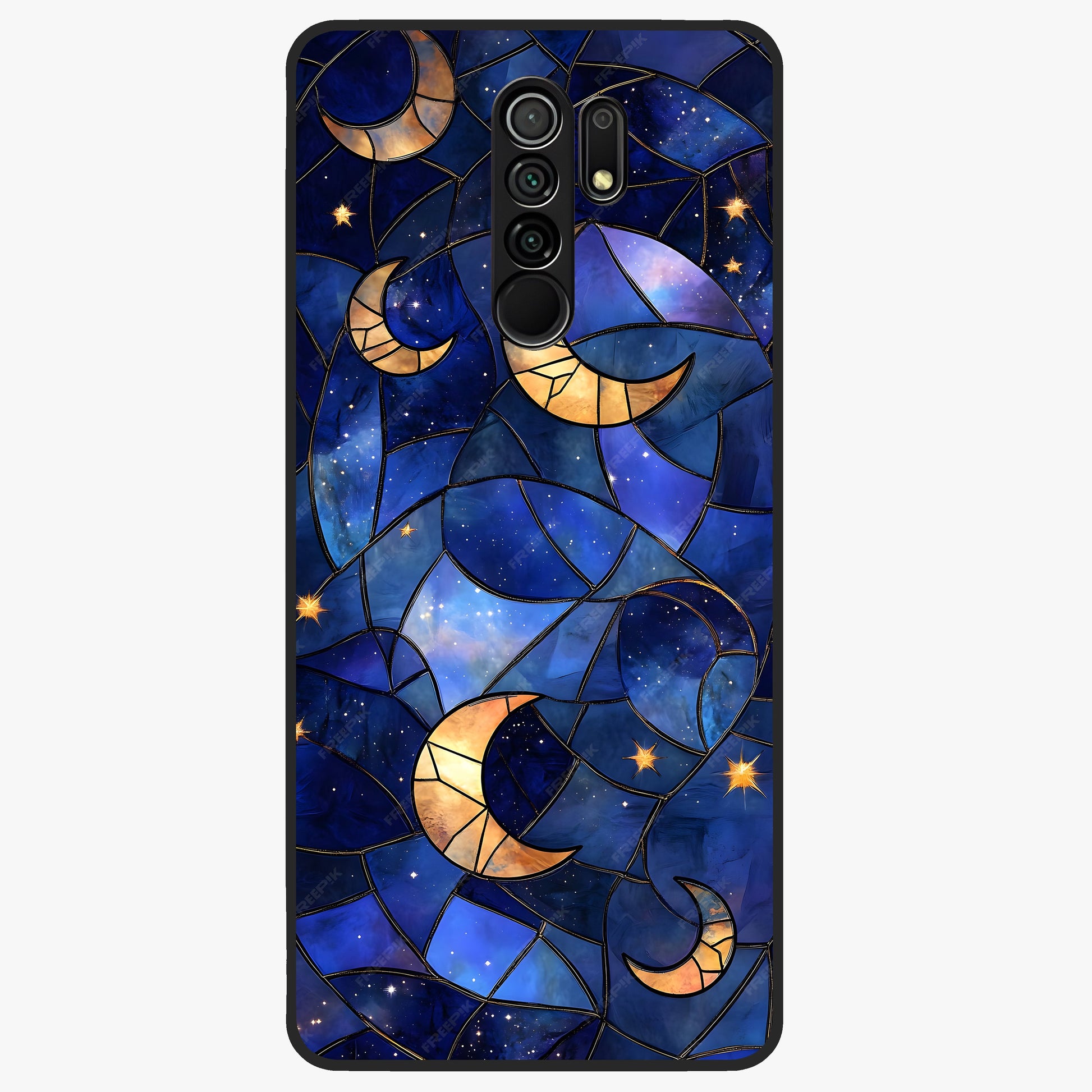 Starlit Sky Tapestry Glass Case showing flat back view with decorative starry sky tapestry artwork and glossy glass finish.
