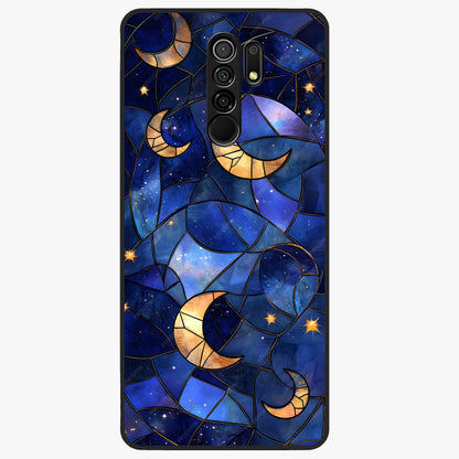 Starlit Sky Tapestry Glass Case showing flat back view with decorative starry sky tapestry artwork and glossy glass finish.