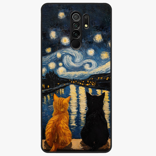 Starry River Cats Glass Case showing flat back view with cats by a starry river artwork and glossy glass finish.