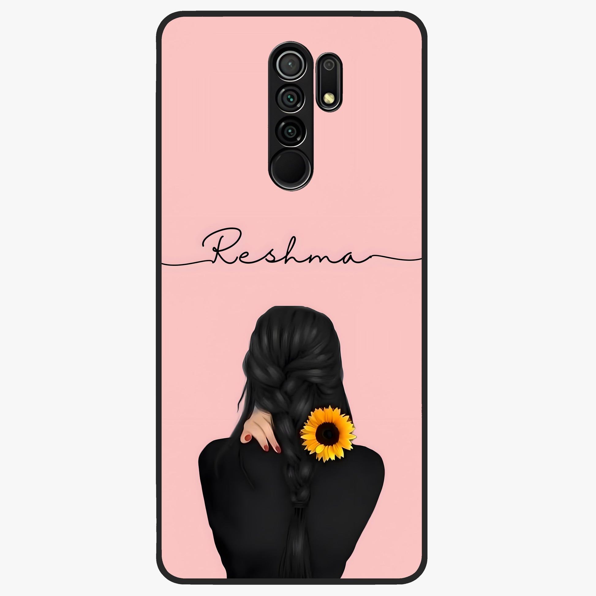 Sunflower Braid Beauty With Custom Name Glass Case showing flat back view with sunflower braid artwork and personalized name design.