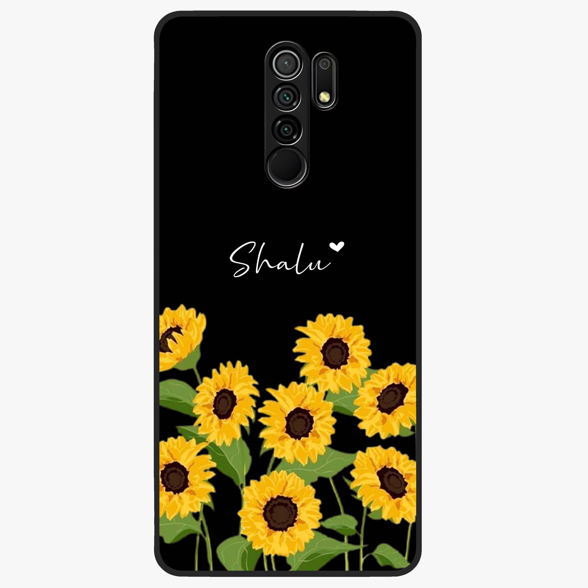 Sunflower Chic Mood Custom Name Glass Case showing flat back view with stylish sunflower artwork and personalized name design.