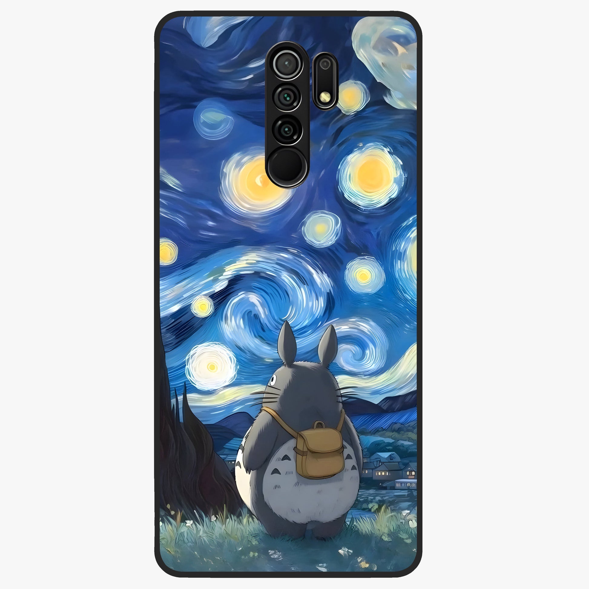 Totoro In Van Gogh Art Glass Case showing flat back view with whimsical character artwork inspired by Van Gogh style and glossy glass finish.