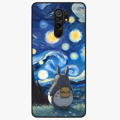Totoro In Van Gogh Art Glass Case showing flat back view with whimsical character artwork inspired by Van Gogh style and glossy glass finish.