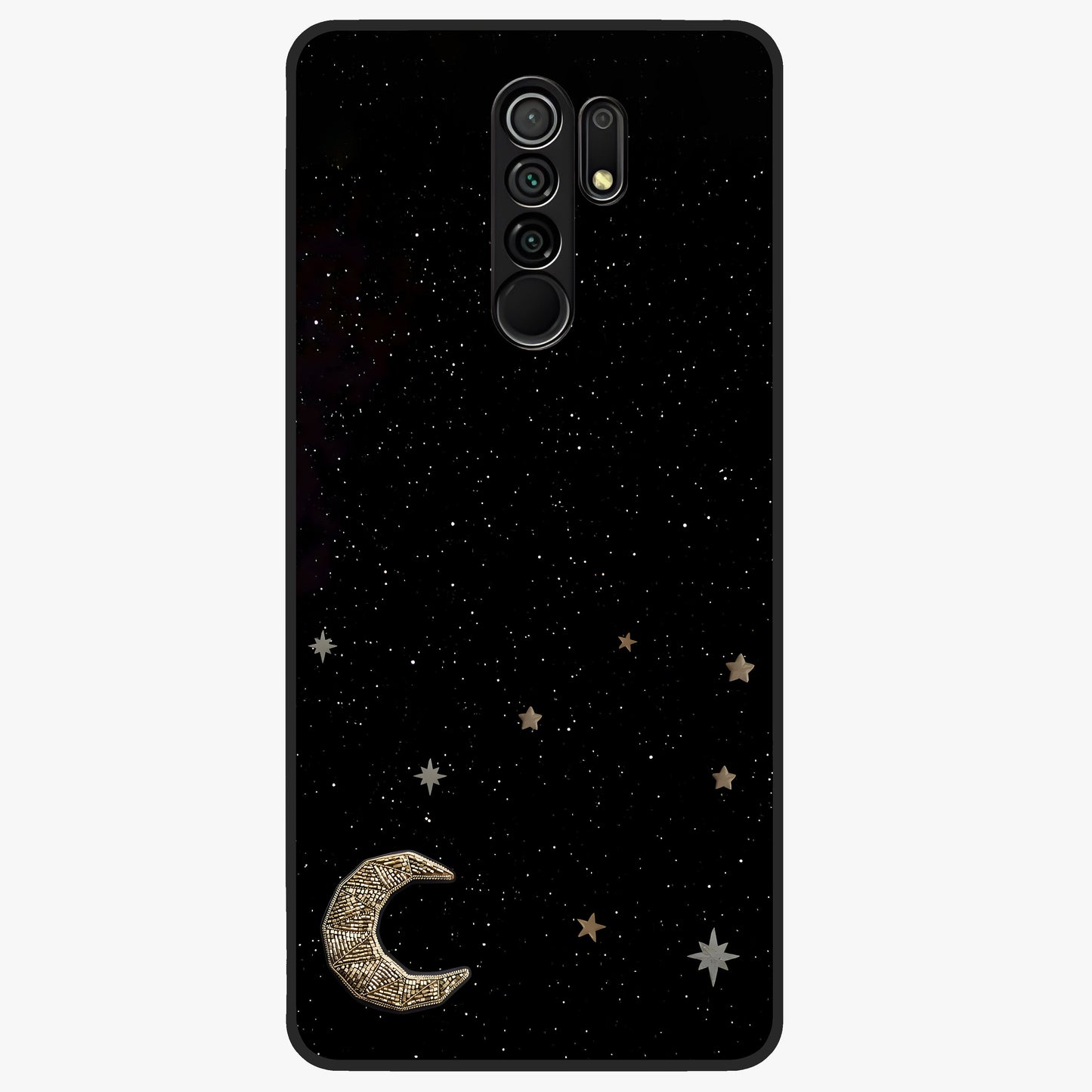 Twinkle Star With Half Moon Glass Case showing flat back view with star and half moon artwork and glossy glass finish.