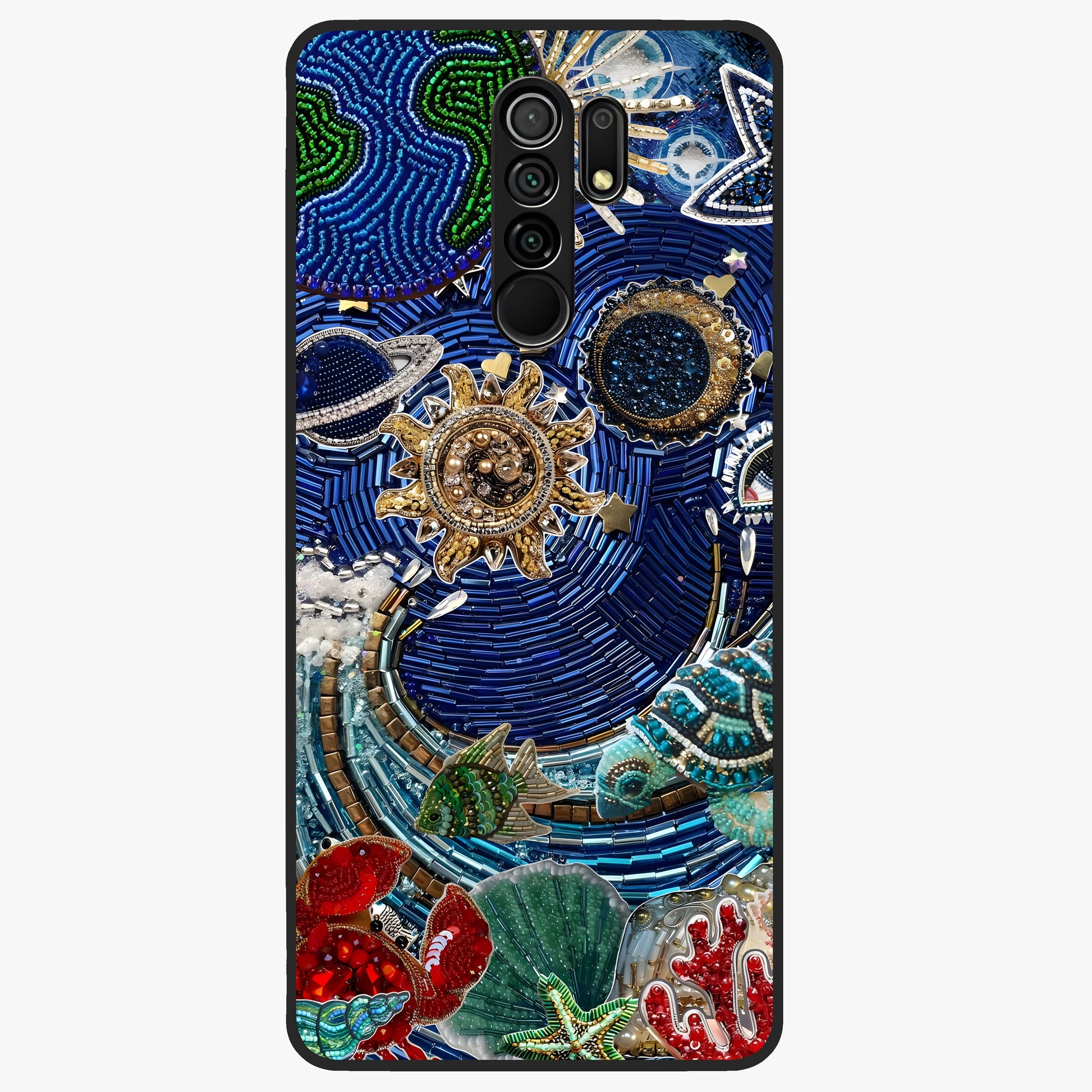 Universe Underwater Spark Glass Case showing flat back view with cosmic underwater themed artwork and glossy glass finish.