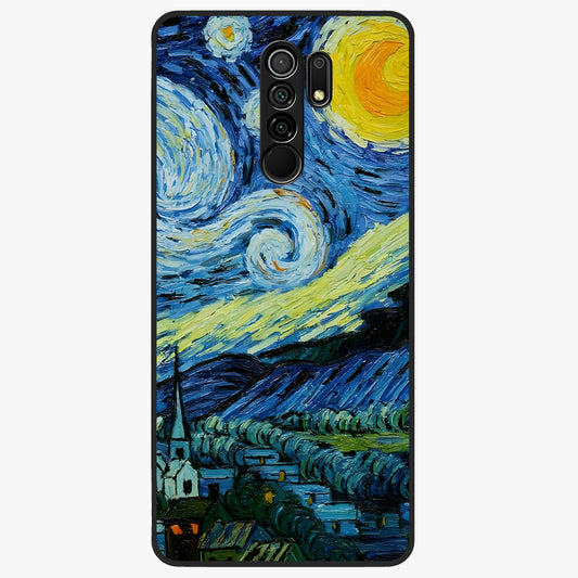 Van Gogh Art Glass Case showing flat back view with classic painterly artwork inspired by Van Gogh style and glossy glass finish.