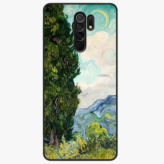 Van Gogh Vintage Art Glass Case showing flat back view with vintage painterly artwork inspired by Van Gogh style and glossy glass finish.