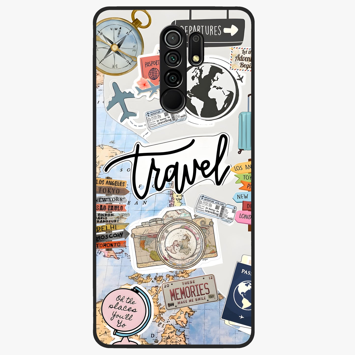 Wanderlust Journal Glass Case showing flat back view with travel inspired artwork and glossy glass finish.