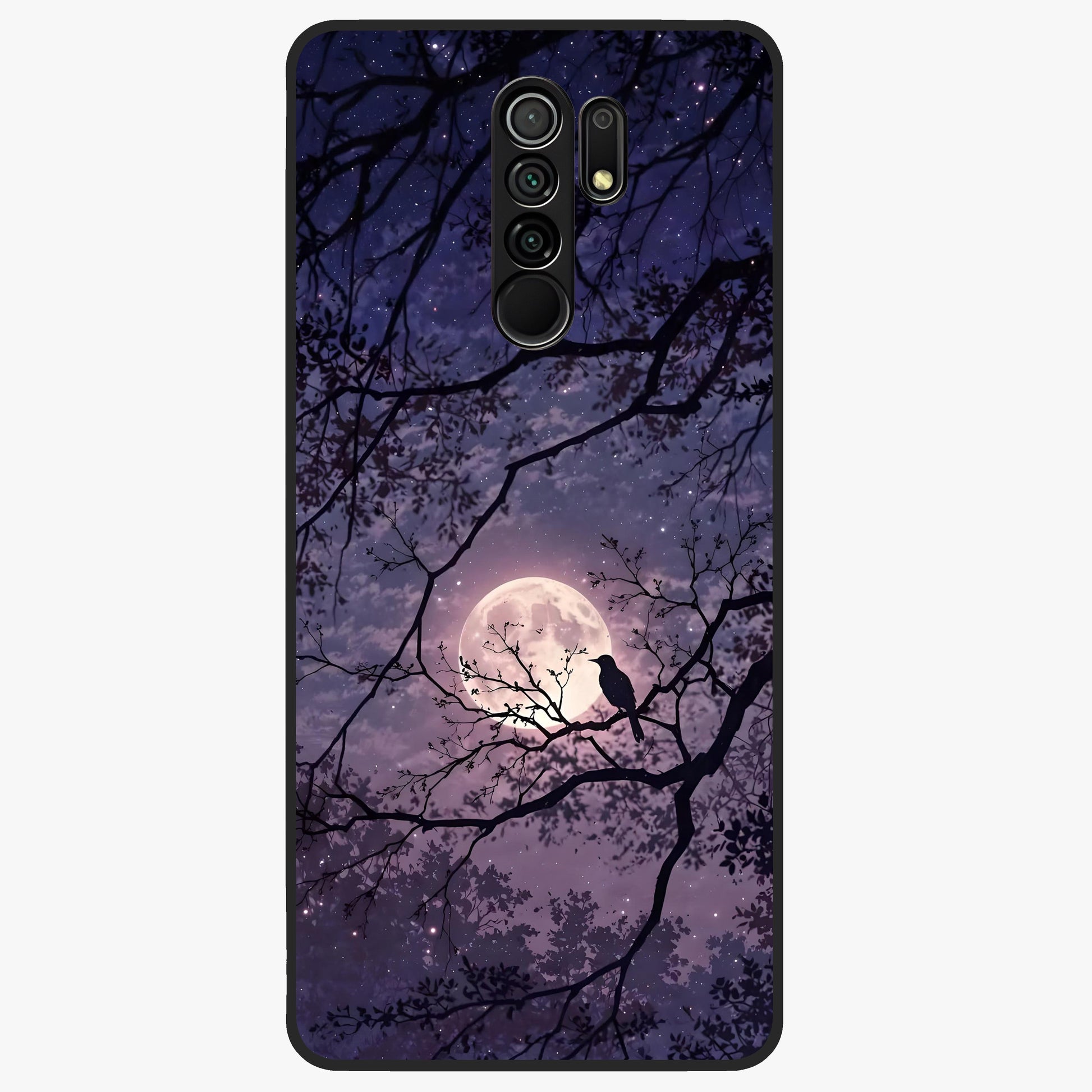 Whispering Moon Silence Glass Case showing flat back view with serene moon themed artwork and glossy glass finish.