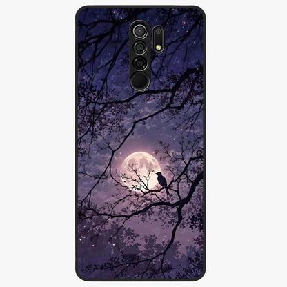 Whispering Moon Silence Glass Case showing flat back view with serene moon themed artwork and glossy glass finish.