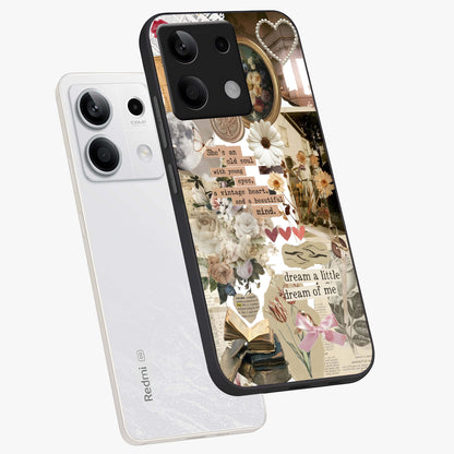 Aesthetic Brown Vintage Collage Glass Case displayed in angled mockup highlighting vintage aesthetic collage design.