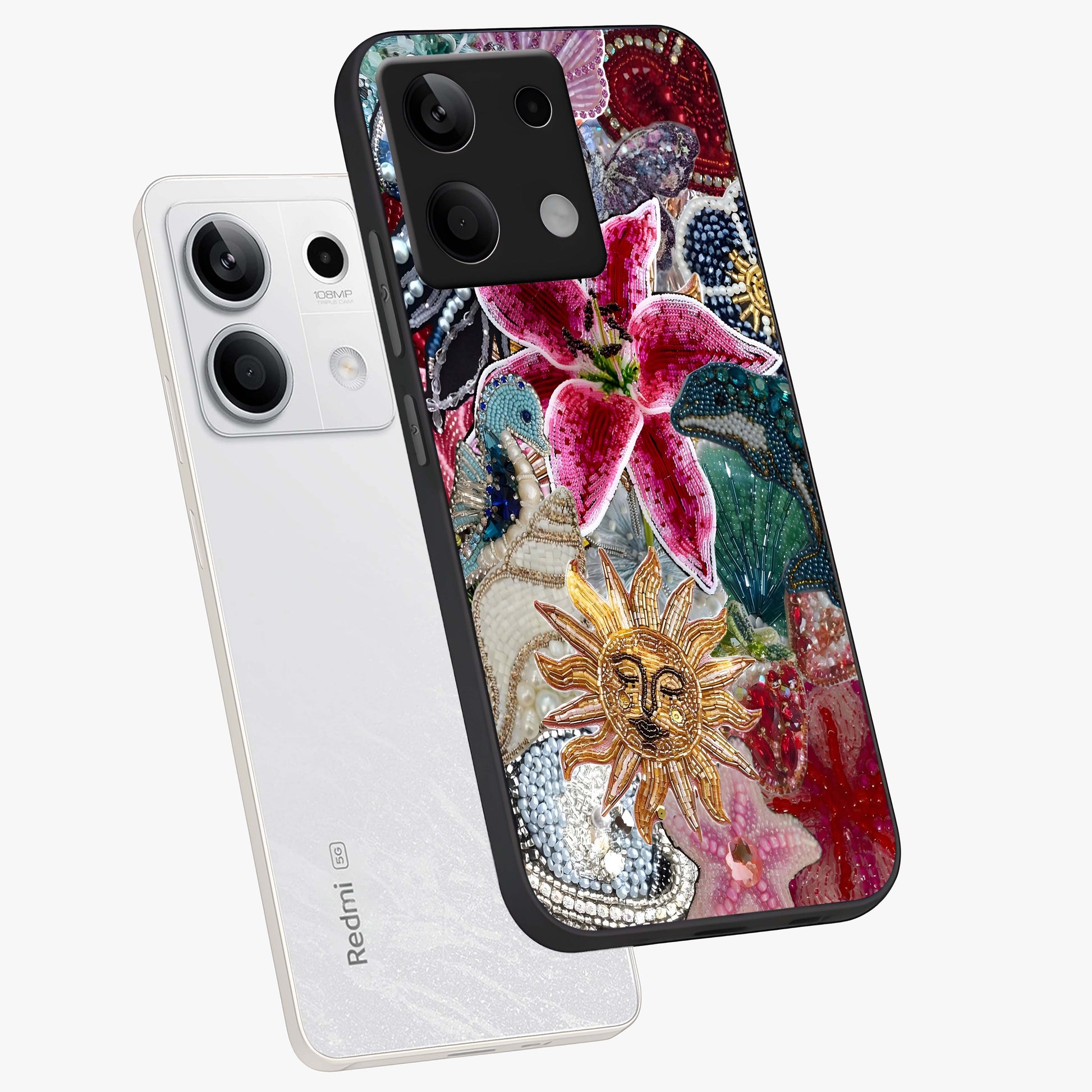 Beaded Garden Fantasy Glass Case displayed in angled mockup highlighting fantasy inspired floral bead pattern.