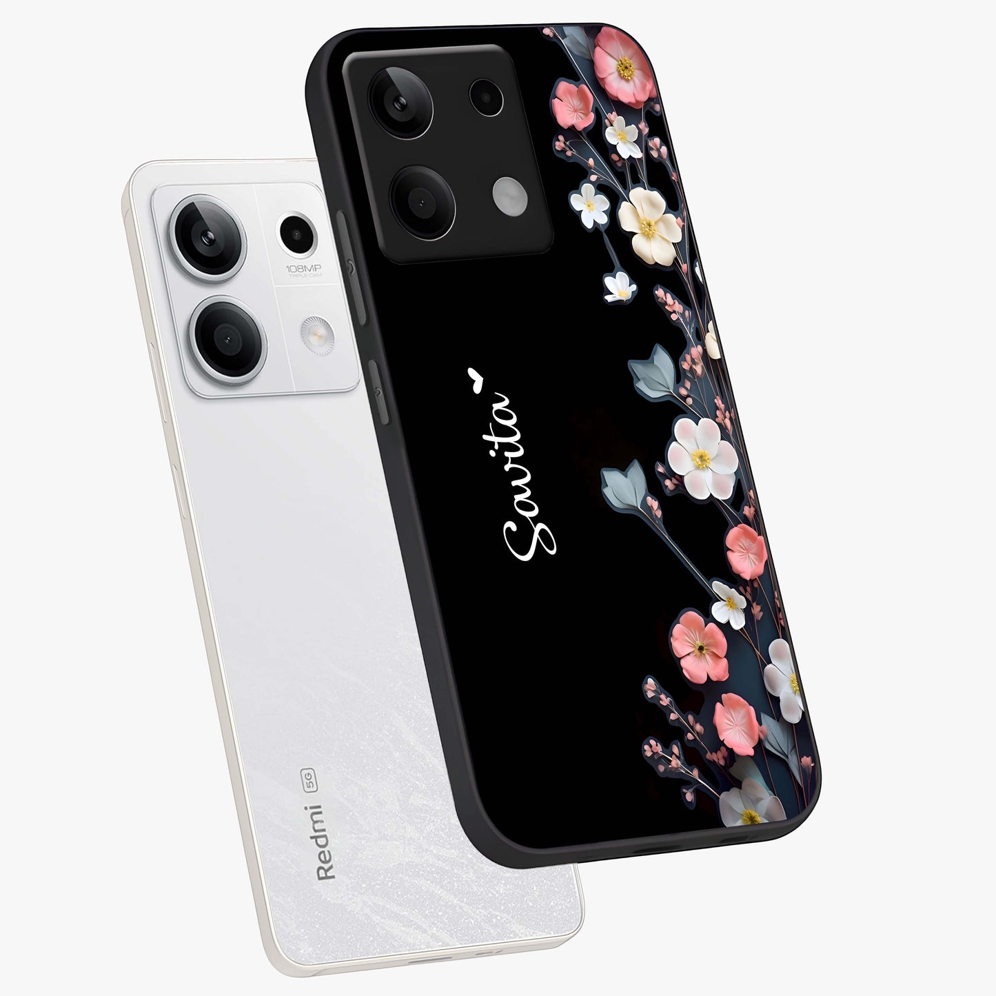 Black Elegance Floral Custom Name Glass Case displayed in angled mockup highlighting dark floral aesthetic and custom name feature.