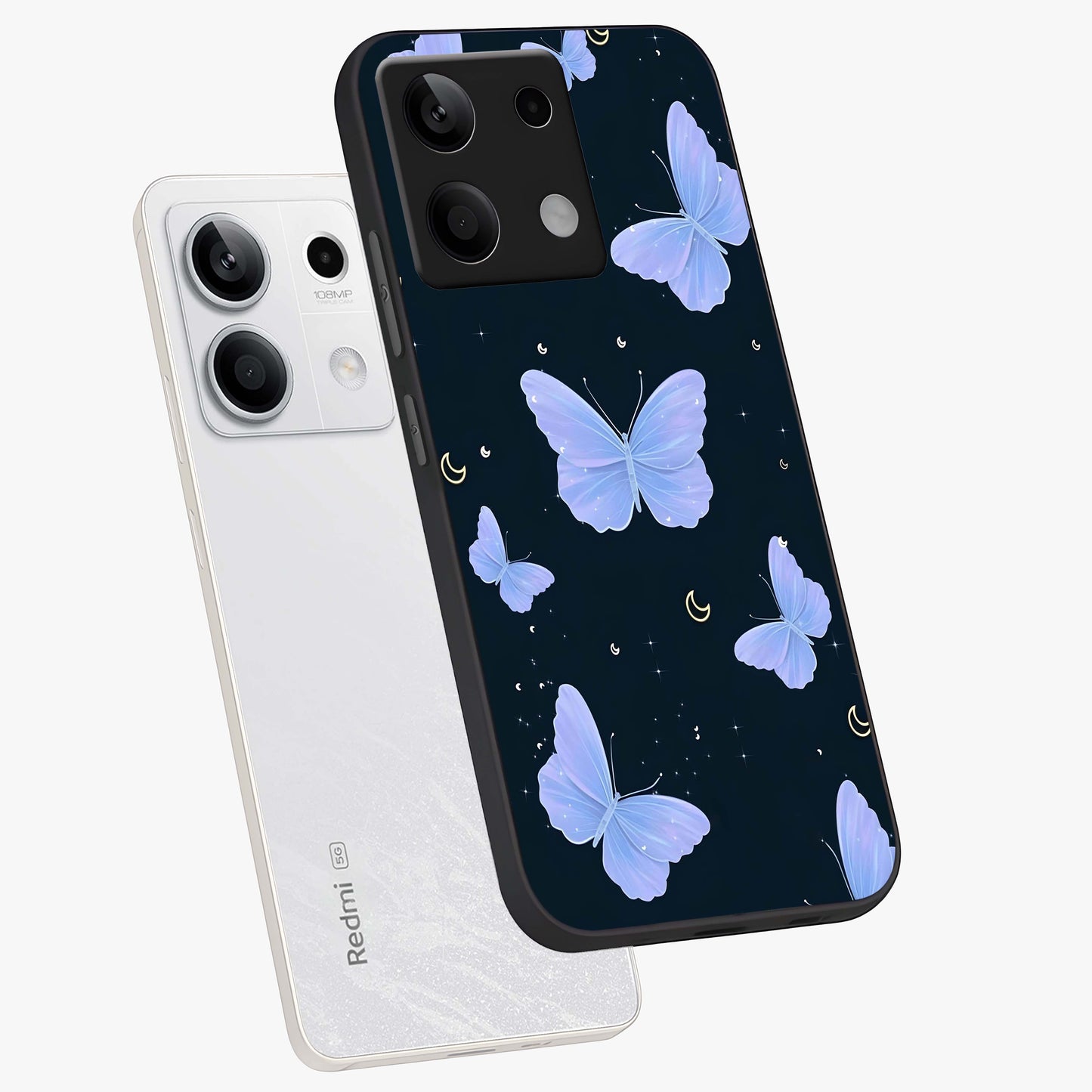 Butterfly With Stars Pattern Glass Case displayed in angled mockup highlighting dreamy butterfly and star design with aesthetic theme.