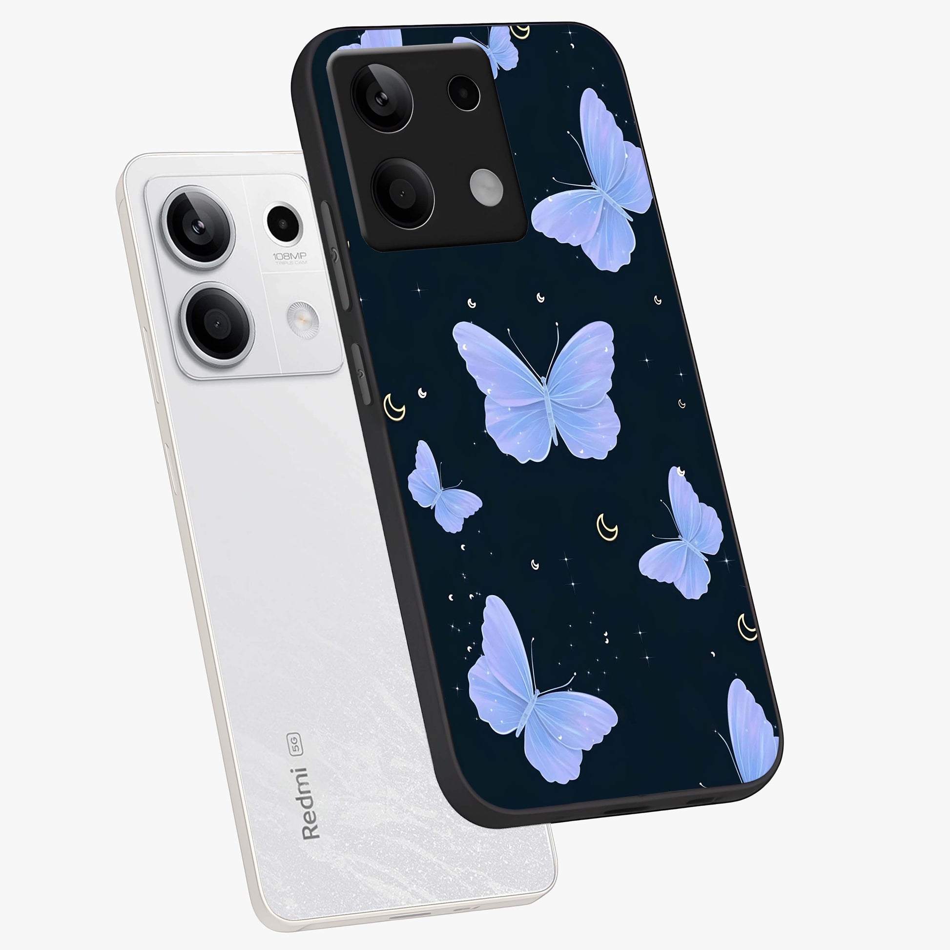 Butterfly With Stars Pattern Glass Case displayed in angled mockup highlighting dreamy butterfly and star design with aesthetic theme.