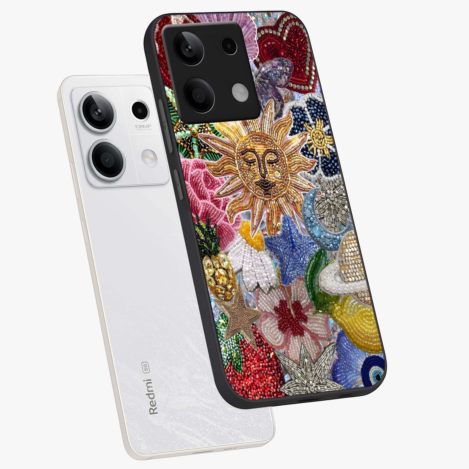 Celestial Floral and Playful Glass Case displayed in angled mockup highlighting playful floral design with dreamy celestial elements.