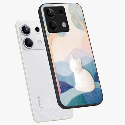 Cotton Dream Cat Glass Case displayed in angled mockup highlighting cute feline illustration with pastel aesthetic style.