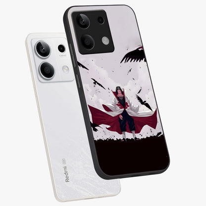Crimson Crow Ascension Glass Case displayed in angled mockup highlighting powerful crow illustration with dark crimson aesthetic.