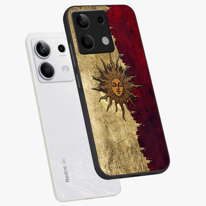 Crimson Sun Majesty Glass Case displayed in angled mockup highlighting majestic crimson sun design with bold aesthetic style.